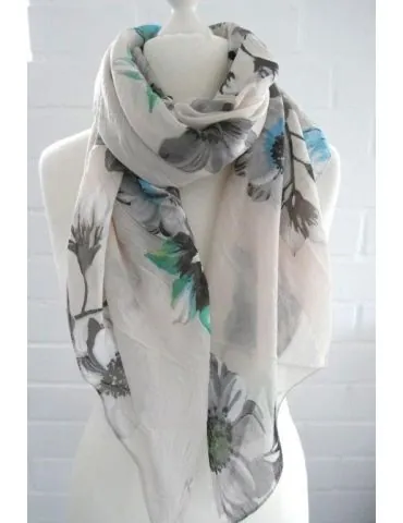 Schal Tuch Loop Seide Baumwolle beige türkis bunt Blumen S 490