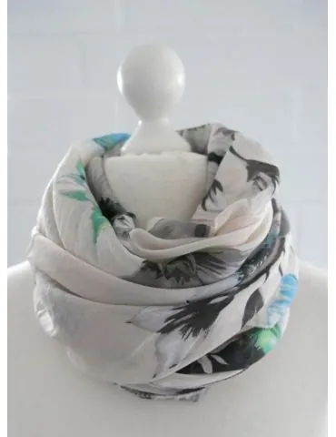 Schal Tuch Loop Seide Baumwolle beige türkis bunt Blumen S 490