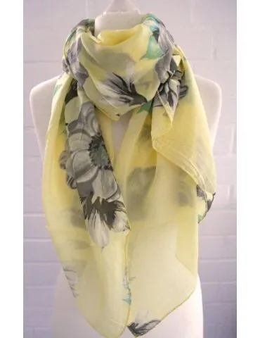 Schal Tuch Loop Seide Baumwolle gelb grün grau bunt Blumen S 490
