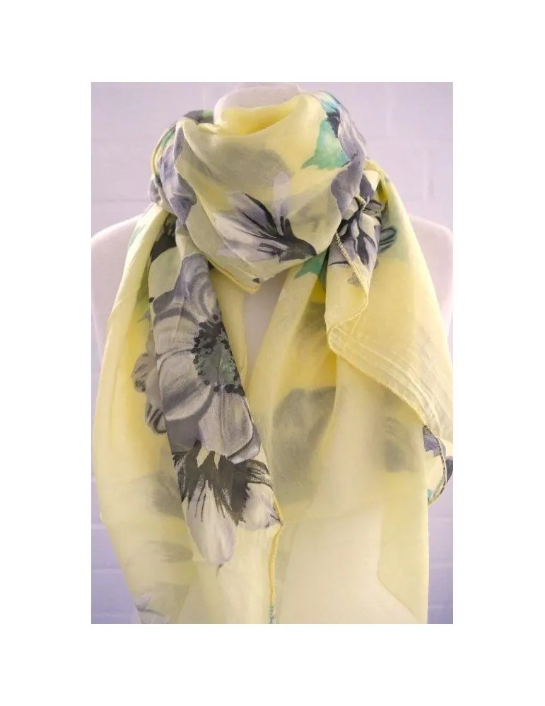 Schal Tuch Loop Seide Baumwolle gelb grün grau bunt Blumen S 490