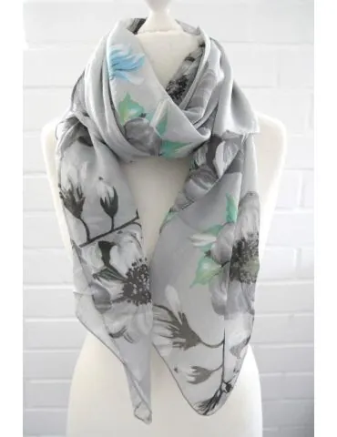Schal Tuch Loop Seide Baumwolle hellgrau türkis schwarz bunt Blumen S 490