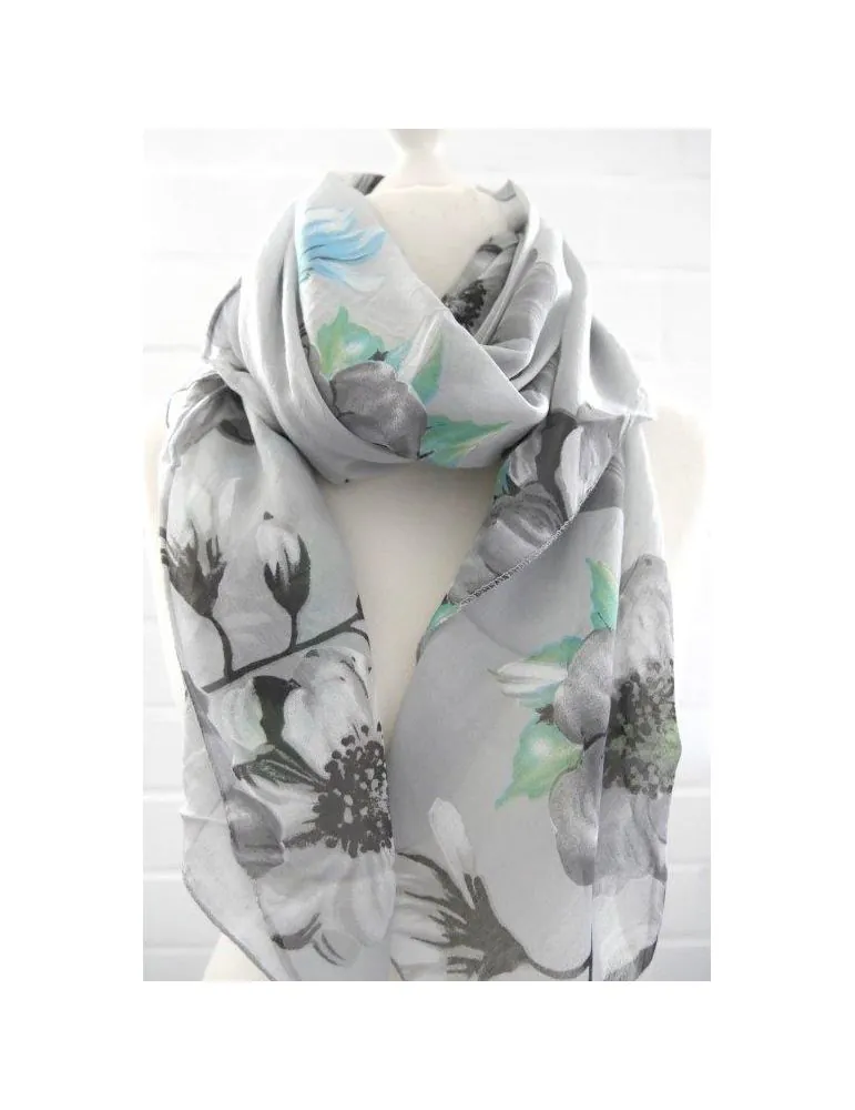 Schal Tuch Loop Seide Baumwolle hellgrau türkis schwarz bunt Blumen S 490