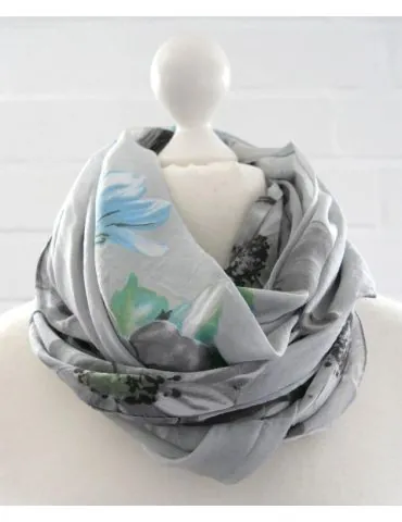 Schal Tuch Loop Seide Baumwolle hellgrau türkis schwarz bunt Blumen S 490
