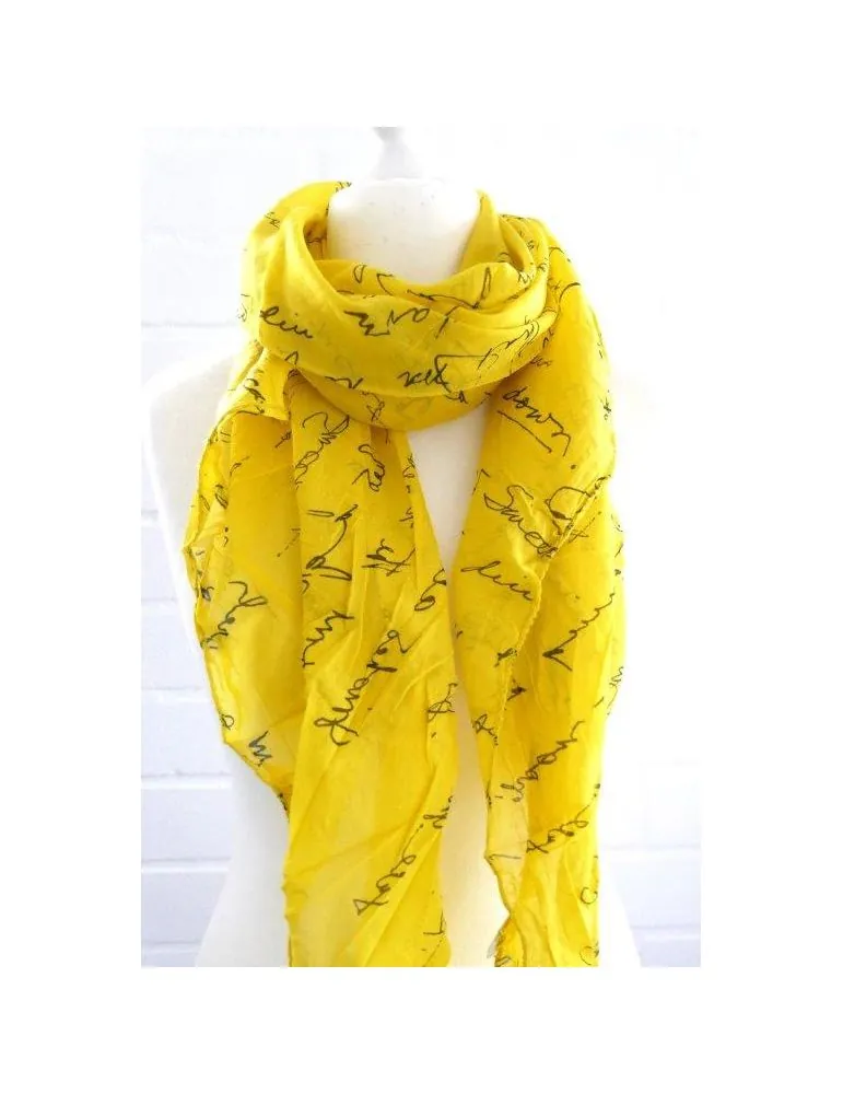 Schal Tuch Loop Made in Italy Seide Baumwolle gelb schwarz Schrift S 162