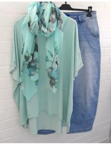 Damen Oversize Shirt Rundhals kurzarm mint grün uni Ärmelband Baumwolle Onesize 38 - 46 2426 KA