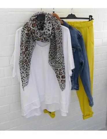 Damen Shirt V-Ausschnitt kurzarm weiß white uni Baumwolle Onesize 38 - 44 2436