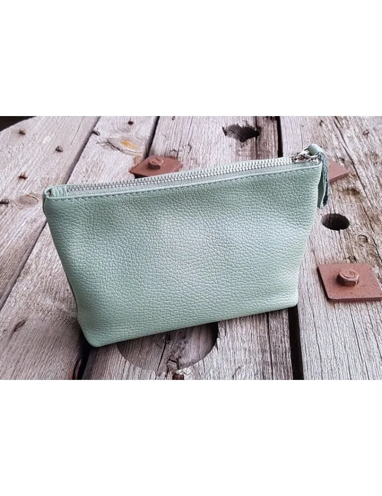 Kosmetiktasche Bag in Bag Clutch eckig salbei grün echtes Leder GLD027