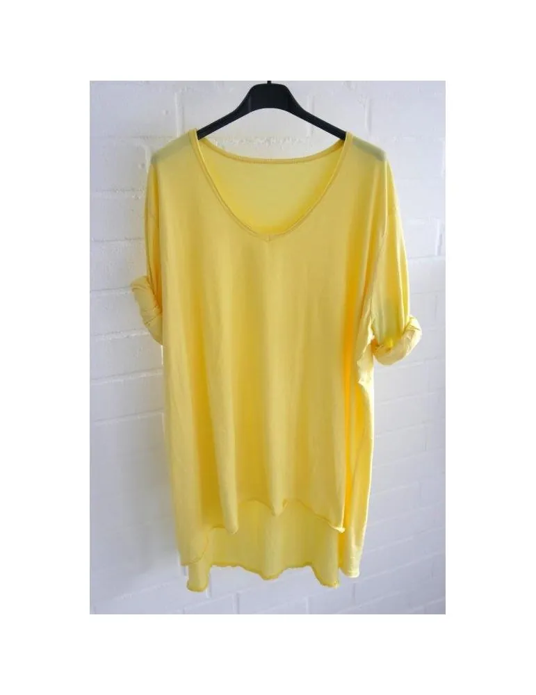 Damen langarm Shirt A-Form V-Ausschnitt uni zitronengelb Baumwolle Onesize 38 - 44 6561 LA