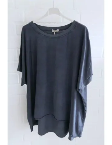 Damen Oversize Shirt Rundhals kurzarm dunkelblau verwaschen uni Ärmelband Baumwolle Onesize 38 - 46 2426