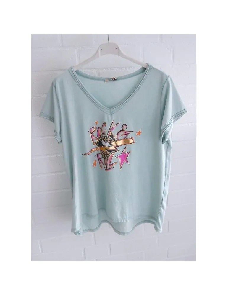 Damen kurzarm Shirt Rock´n Roll mint bunt mit Baumwolle Onesize 36 - 42 3159