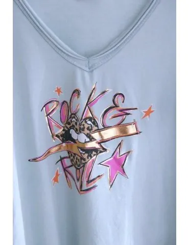 Damen kurzarm Shirt Rock´n Roll mint bunt mit Baumwolle Onesize 36 - 42 3159