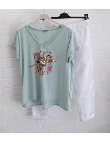 Damen kurzarm Shirt Rock´n Roll mint bunt mit Baumwolle Onesize 36 - 42 3159