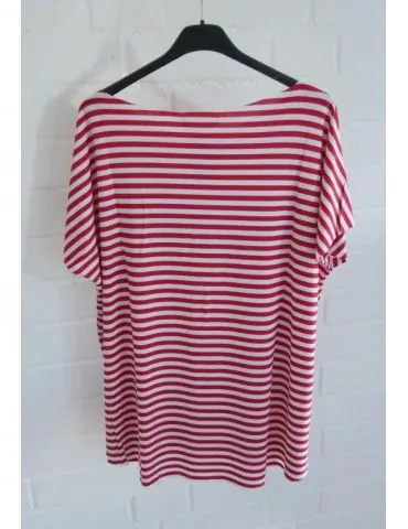 Damen Shirt kurzarm rot weiß Streifen mit Baumwolle Onesize 38 - 44 19509