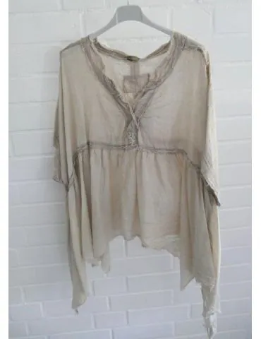 Xuna Leichte Damen Bluse ärmellos durchsichtig beige uni offene Stoffkanten Onesize 38 - 44/ 46 6990742