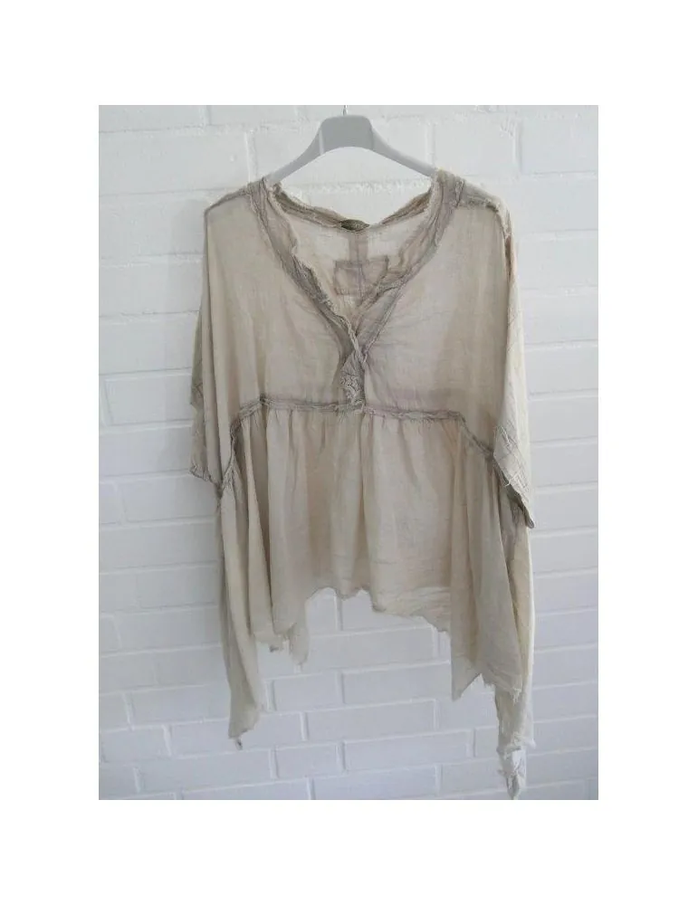Xuna Leichte Damen Bluse ärmellos durchsichtig beige uni offene Stoffkanten Onesize 38 - 44/ 46 6990742
