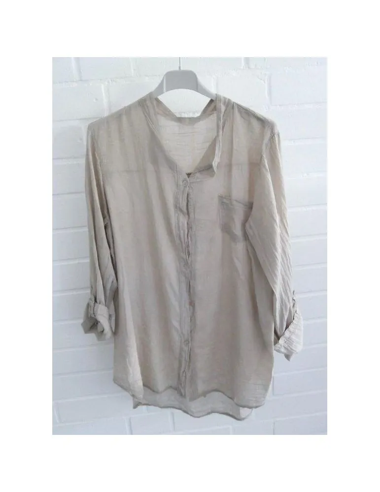 Leichte Damen Bluse langarm durchsichtig beige Baumwolle Onesize 38 - 42