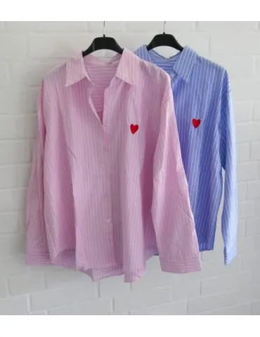 Damen Bluse Hemd rose weiß Streifen Herz Business Freizeit Onesize 38 - 42 2463