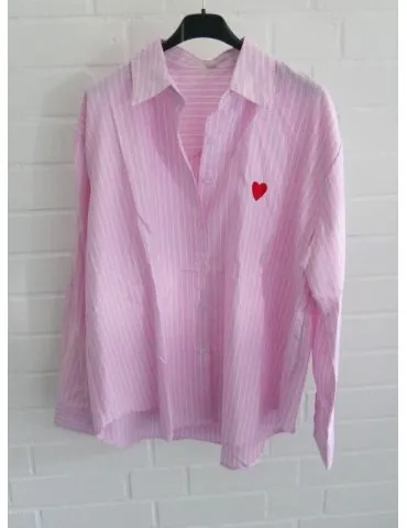 Damen Bluse Hemd rose weiß Streifen Herz Business Freizeit Onesize 38 - 42 2463
