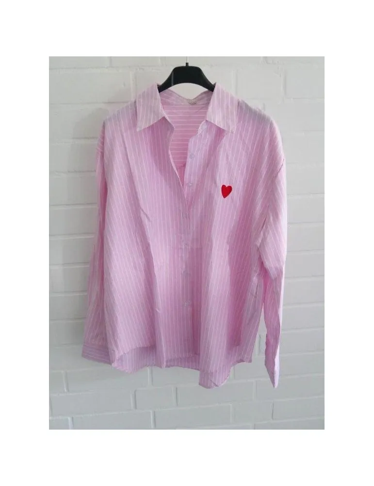 Damen Bluse Hemd rose weiß Streifen Herz Business Freizeit Onesize 38 - 42 2463