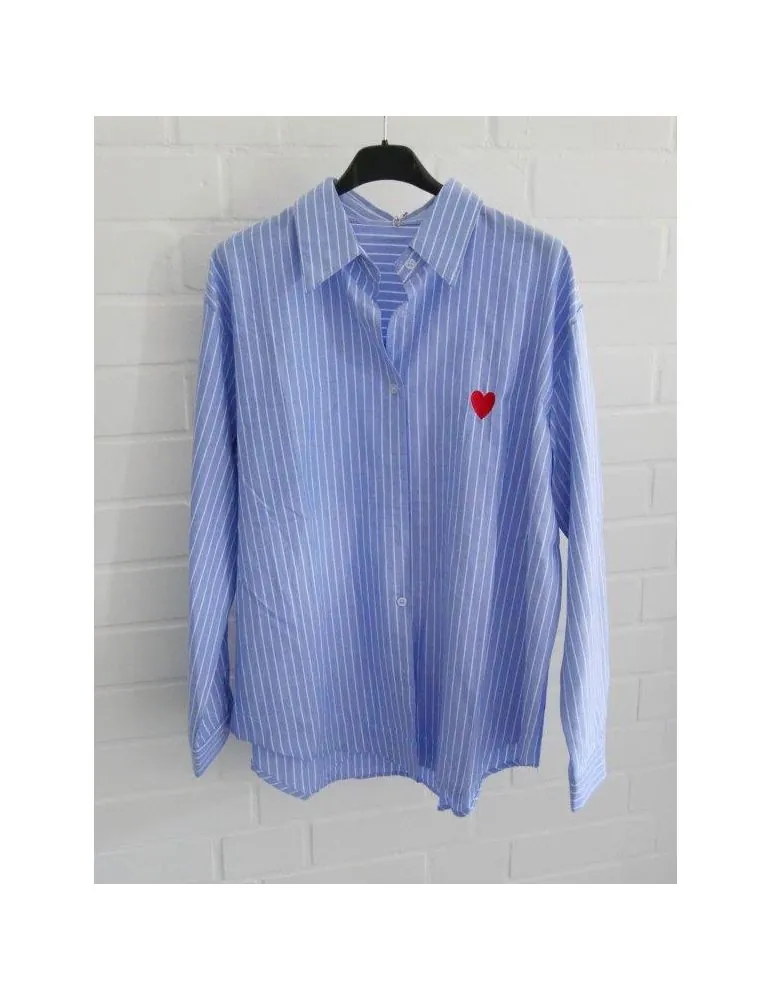 Damen Bluse Hemd hellblau weiß Streifen Herz Business Freizeit Onesize 38 - 42 2463