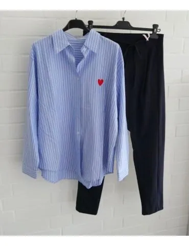 Damen Bluse Hemd hellblau weiß Streifen Herz Business Freizeit Onesize 38 - 42 2463