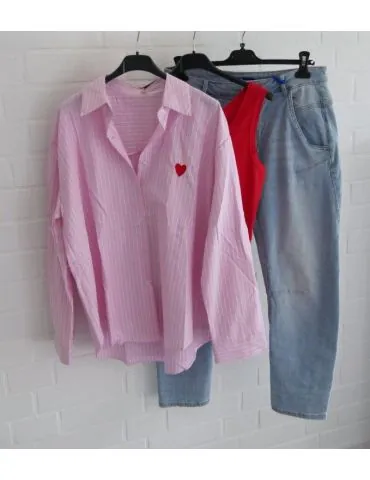 Damen Bluse Hemd rose weiß Streifen Herz Business Freizeit Onesize 38 - 42 2463