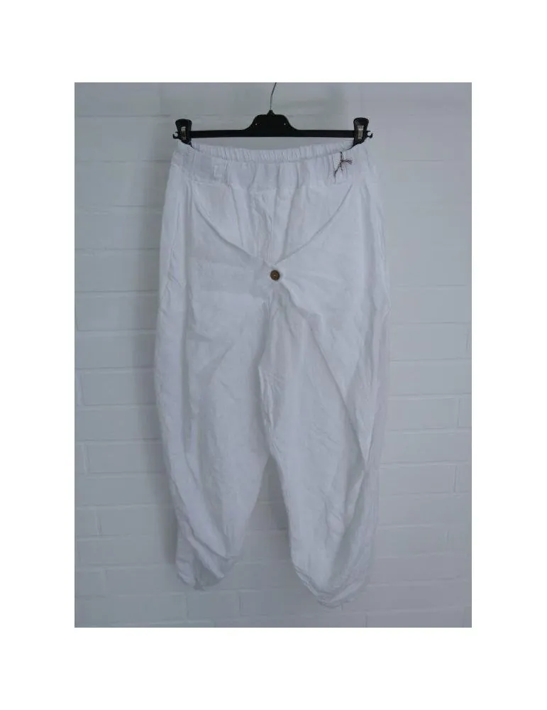 100% Leinen Baggy Damenhose Aufschlag Knopf weiß uni Onesize 38 - 42 OL58313