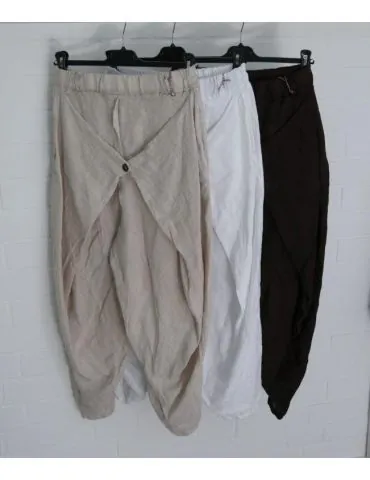 100% Leinen Baggy Damenhose Aufschlag Knopf...