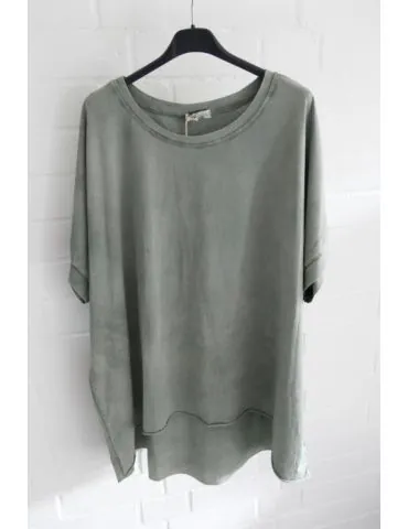 Damen Oversize Shirt Rundhals kurzarm oliv uni Ärmelband Baumwolle Onesize 38 - 46 2426