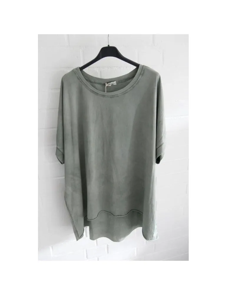 Damen Oversize Shirt Rundhals kurzarm oliv uni Ärmelband Baumwolle Onesize 38 - 46 2426