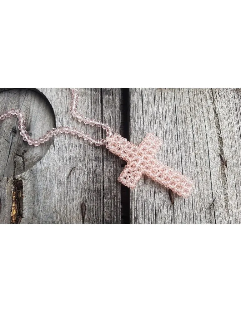 Modeschmuck Kette Halskette lang rose klar Kristallperlen Kreuz Kunststoff Metall 1055