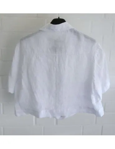 Weiße Leinenbluse mit Kristallknöpfen und kurzen Ärmeln – Rückansicht