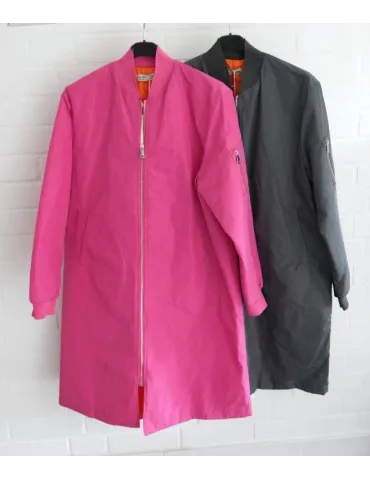 Damen Bomber Mantel lang pink uni Futter beige...