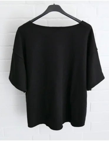 Rückansicht schwarzer kurzarm Damen Sweater mit SOHO New York Print, locker geschnitten