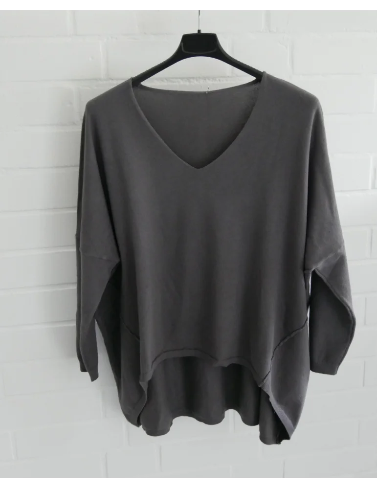 Grauer Damen Pullover mit V-Ausschnitt im Vokuhila Style