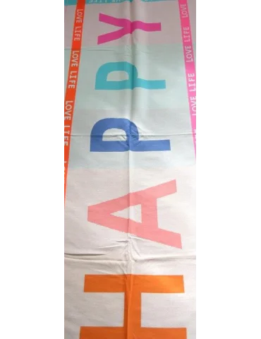 Nahaufnahme Damen Schal dicker mit Schriftzug HAPPY in bunten Farben