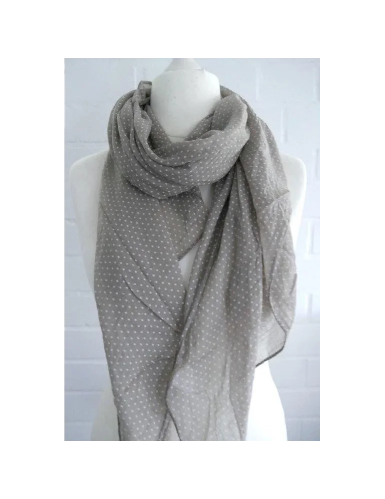 Nahaufnahme Seiden Baumwoll Schal asymmetrisch geschnitten in taupe mit weißen Mini Punkten