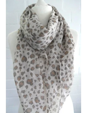 Nahaufnahme Seiden Baumwoll Schal mit Leo Prit in beige taupe camel