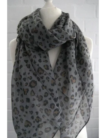 Nahaufnahme Seiden Baumwoll Schal mit Leo Print in grau schwarz camel