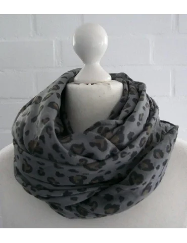 Um Hals gelegter Seiden Baumwoll Schal mit Leo Print in grau schwarz camel