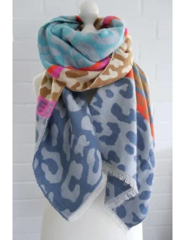 Bunter Schal mit Animalprint in Blau, Beige und Pink