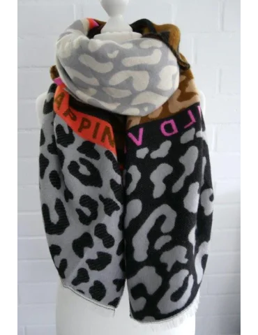 Bunter Schal mit Animalprint in schwarz, grau, beige und bunt