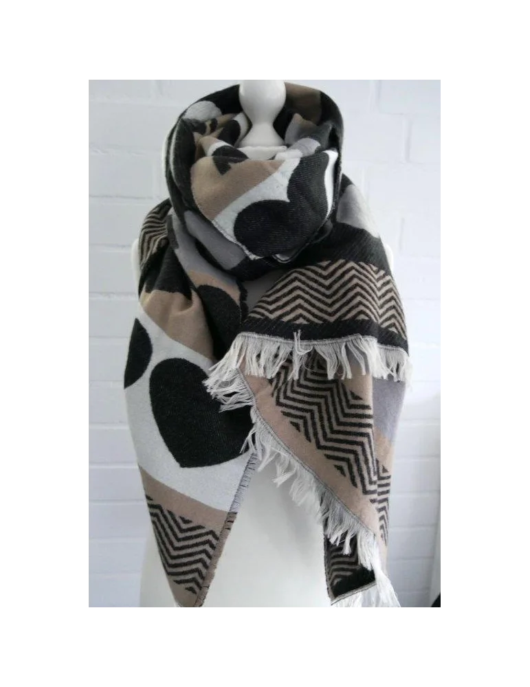 XXL Schal für Damen mit Herzen in schwarz, grau, creme, beige XXL Schal für Damen mit Herzen in schwarz, grau, creme, beige