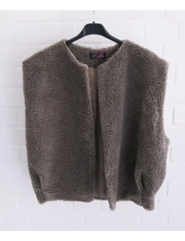 Taupefarbene Teddyweste aus weichem Material mit offenem Schnitt