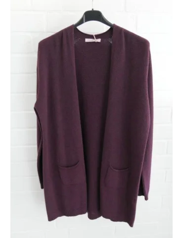 Strickjacke in Aubergine mit Taschen und offenem Schnitt