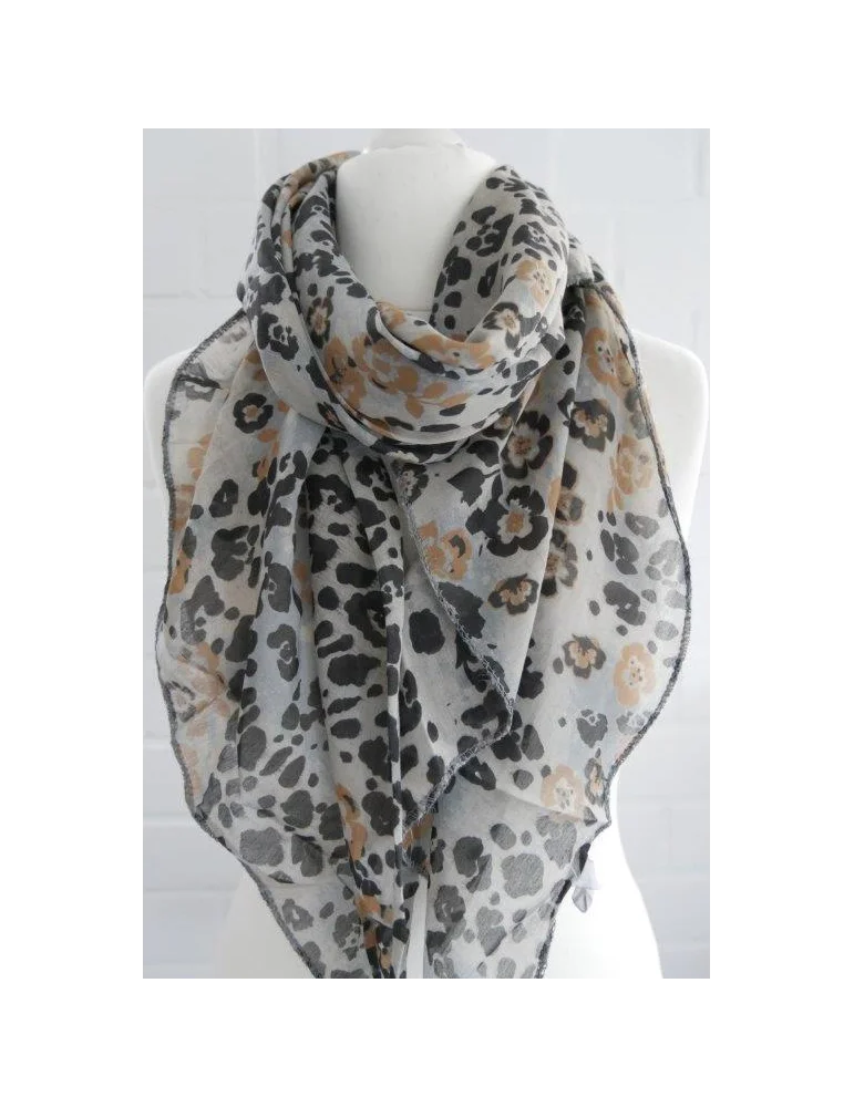 Seiden Baumwoll Schal in beige mit schwarz-camelfarbenem Leo und Blumen Muster