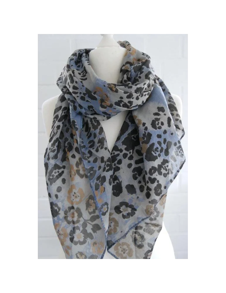 Seiden Baumwoll Schal in jeansblau mit schwarz und camelfarbenem Leo und Blumen Muster