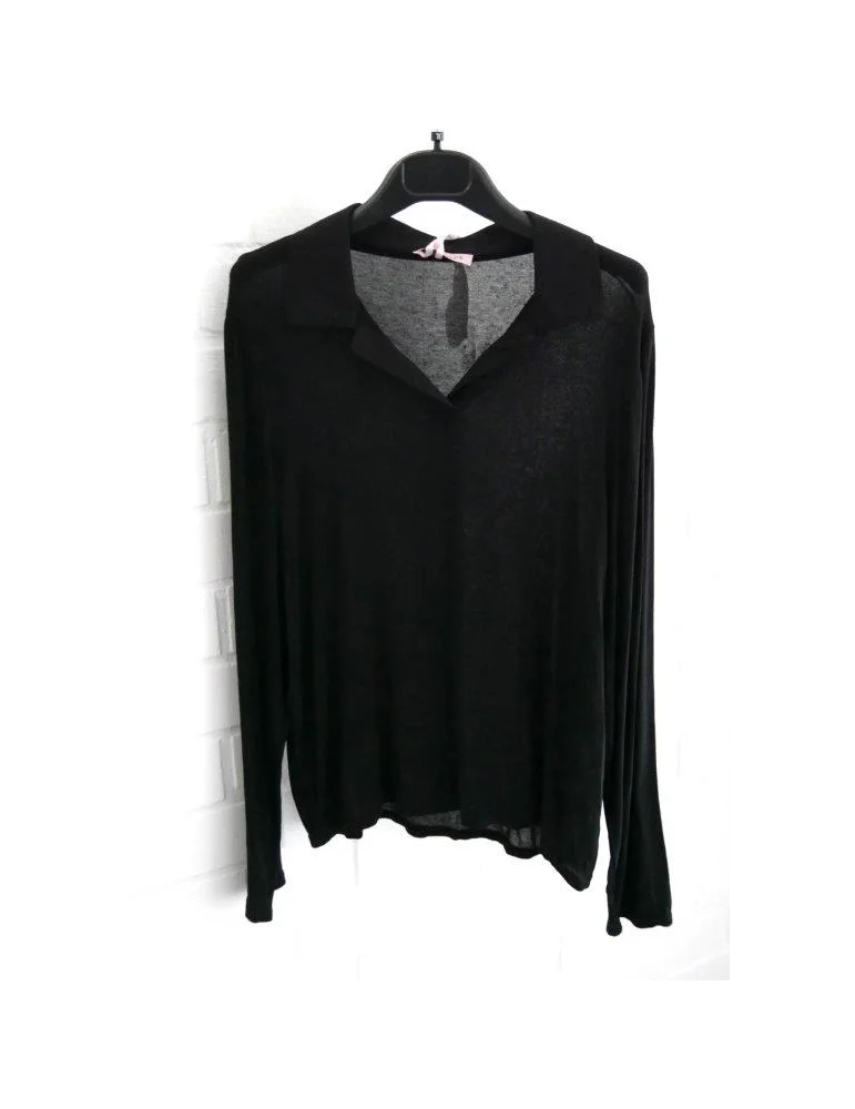 Schwarzes leichtes Poloshirt für Damen mit langen Ärmeln