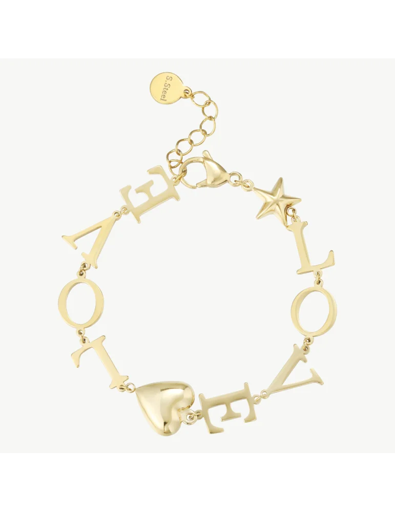 Goldfarbenes Armband mit LOVE-Schriftzug, Herzanhänger und Stern