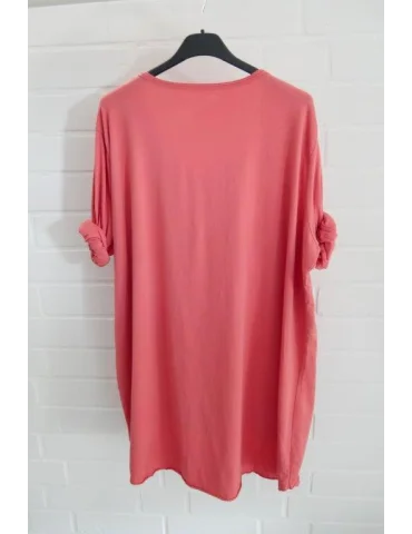 Damen langarm Shirt A-Form V-Ausschnitt uni koralle Baumwolle Onesize 38 - 44 6561 LA